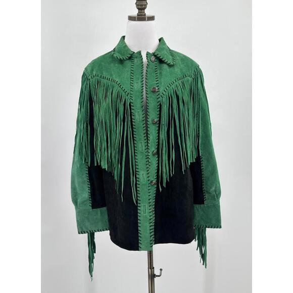 Jackets & Blazers - Bob Mackie Wearable Art Vintage Green Suede Leather Fringe Western Jacket Sz S